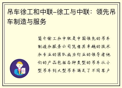 吊车徐工和中联-徐工与中联：领先吊车制造与服务