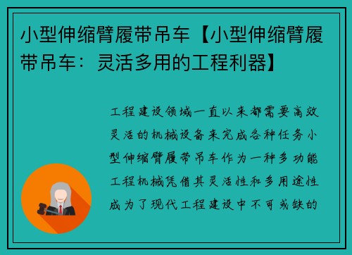 小型伸缩臂履带吊车【小型伸缩臂履带吊车：灵活多用的工程利器】