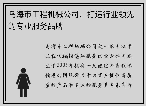乌海市工程机械公司，打造行业领先的专业服务品牌