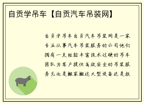自贡学吊车【自贡汽车吊装网】